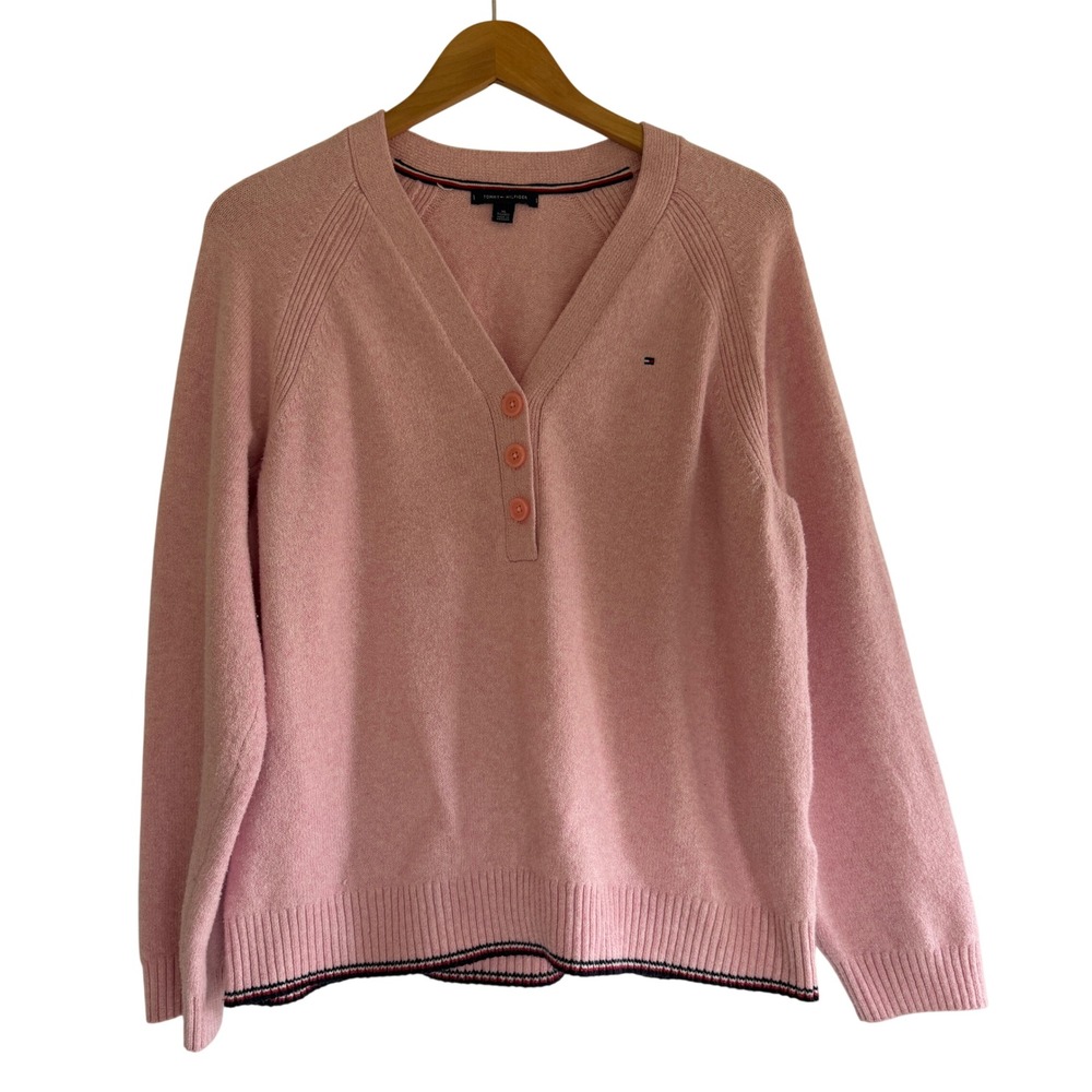 Tommy Hilfiger Womens Pink Henley V-Neck Sweater XL Cotton Blend Logo Stripe Hem